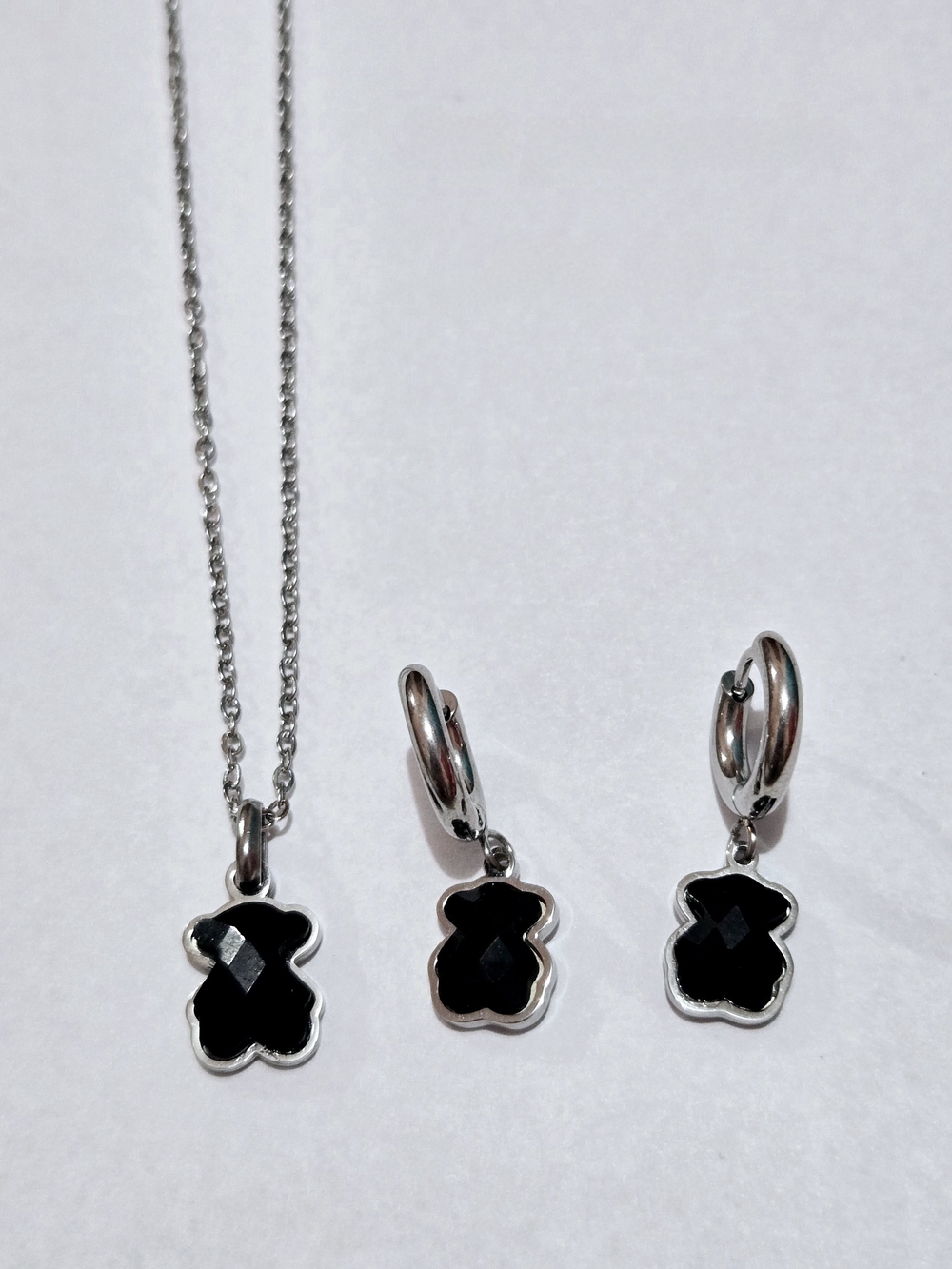 Silver-tone Black Teddy Pendant Necklace and Hoop Earring Set